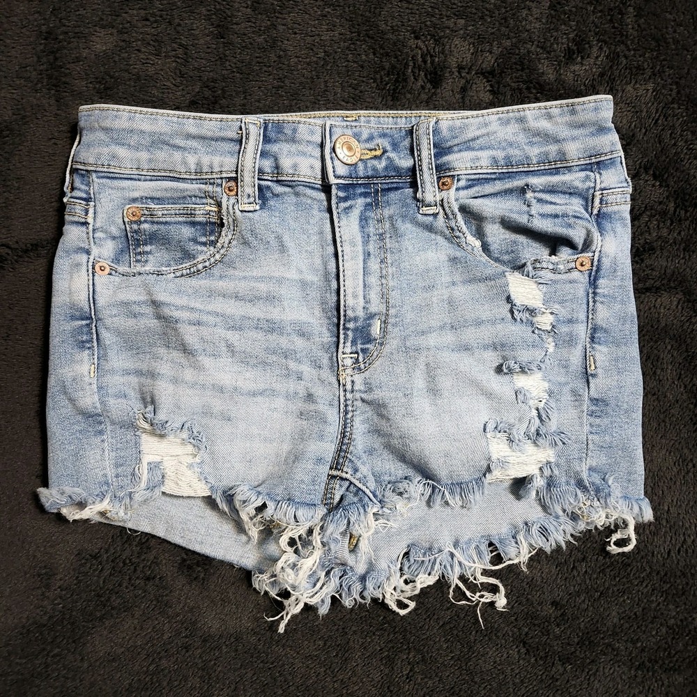 American Eagle Super Stretch Hi-Rise Shortie Denim Jean Shorts Women 4 Distress